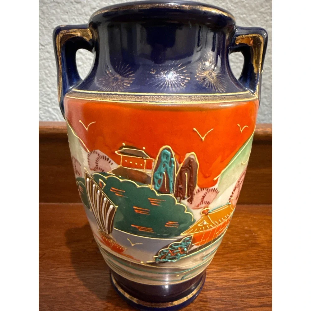 Vintage Japanese Vase Cobalt Blue Orange Landscape Scene Gold Trim Handles 6.75